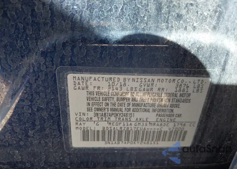 2019 Nissan Sentra Sr z USA, uszkodzony, nr VIN 3N1AB7AP0KY248151